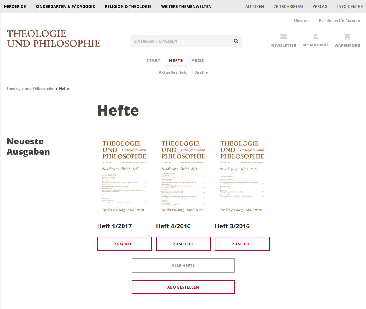 Screenshot Theologie und Philosophie online: Archiv