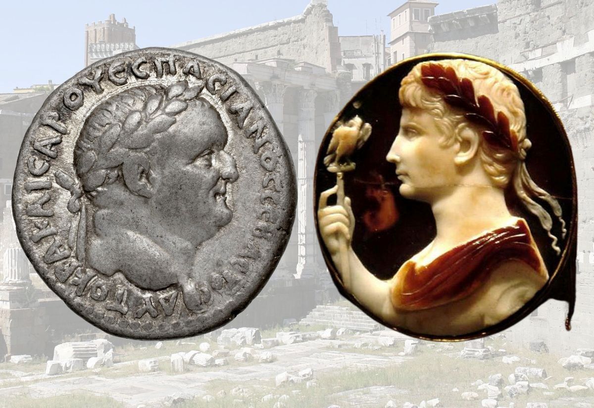 Münze des Vespasian und Gemme des Augustus
