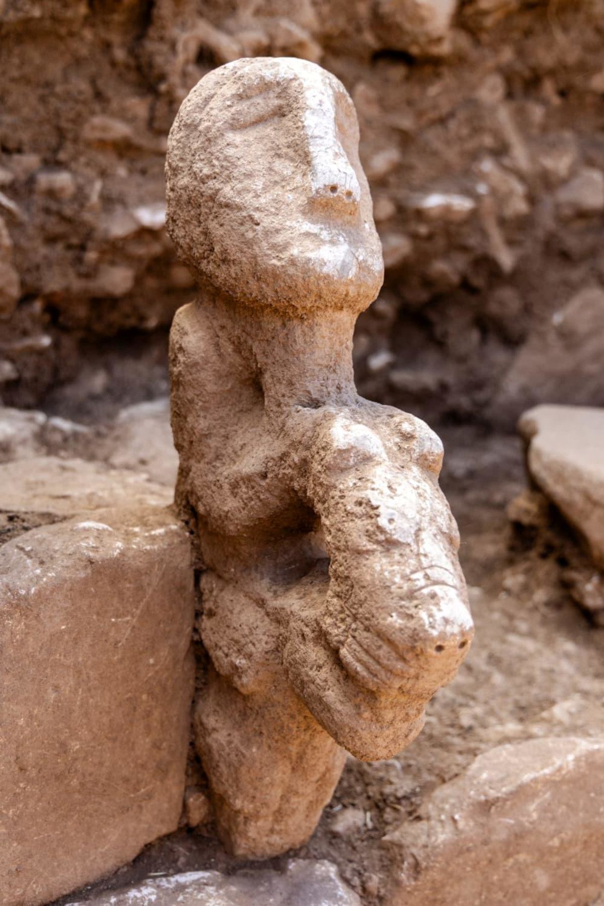 Steinerne Skulptur einer sitzenden menschlichen Figur, die ein Tier mit Leopardenkopf hält vom Fundort Karahantepe