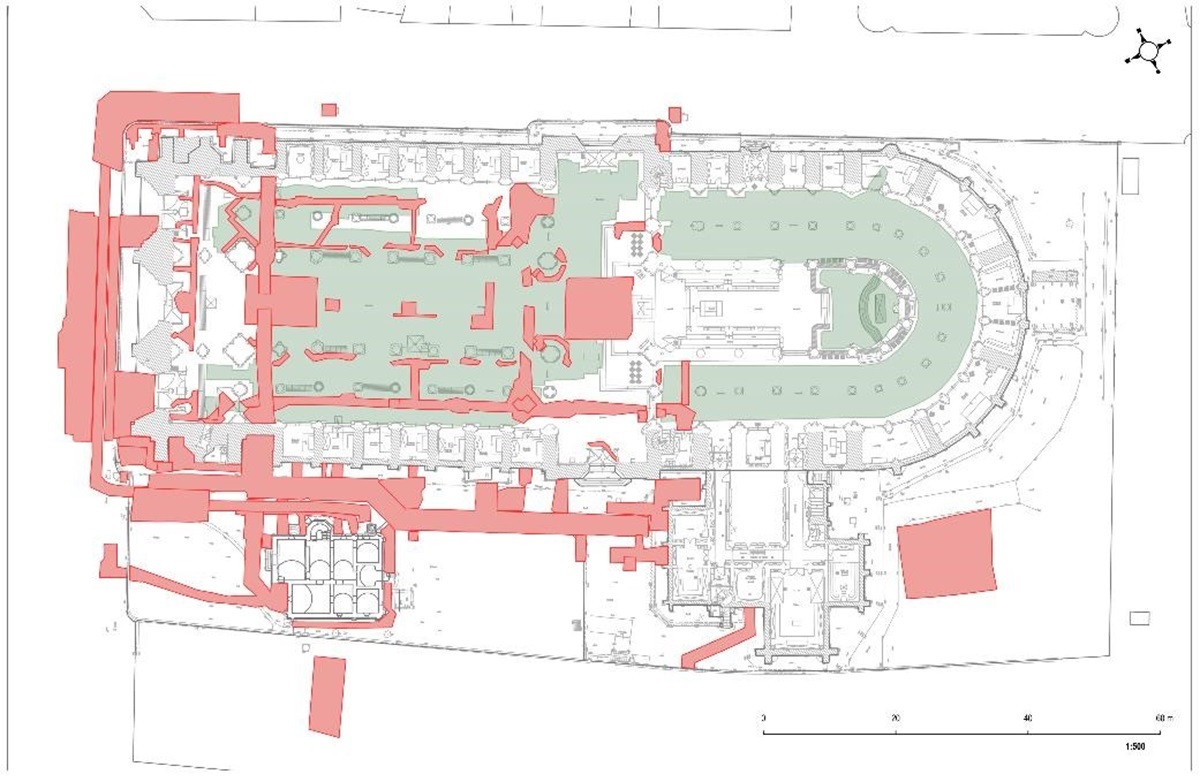 Lokalisierung der archäologischen Maßnahmen 2020 - 2024. In rosa: Diagnosen oder Ausgrabungen; in grün: geophysikalische Prospektionen.