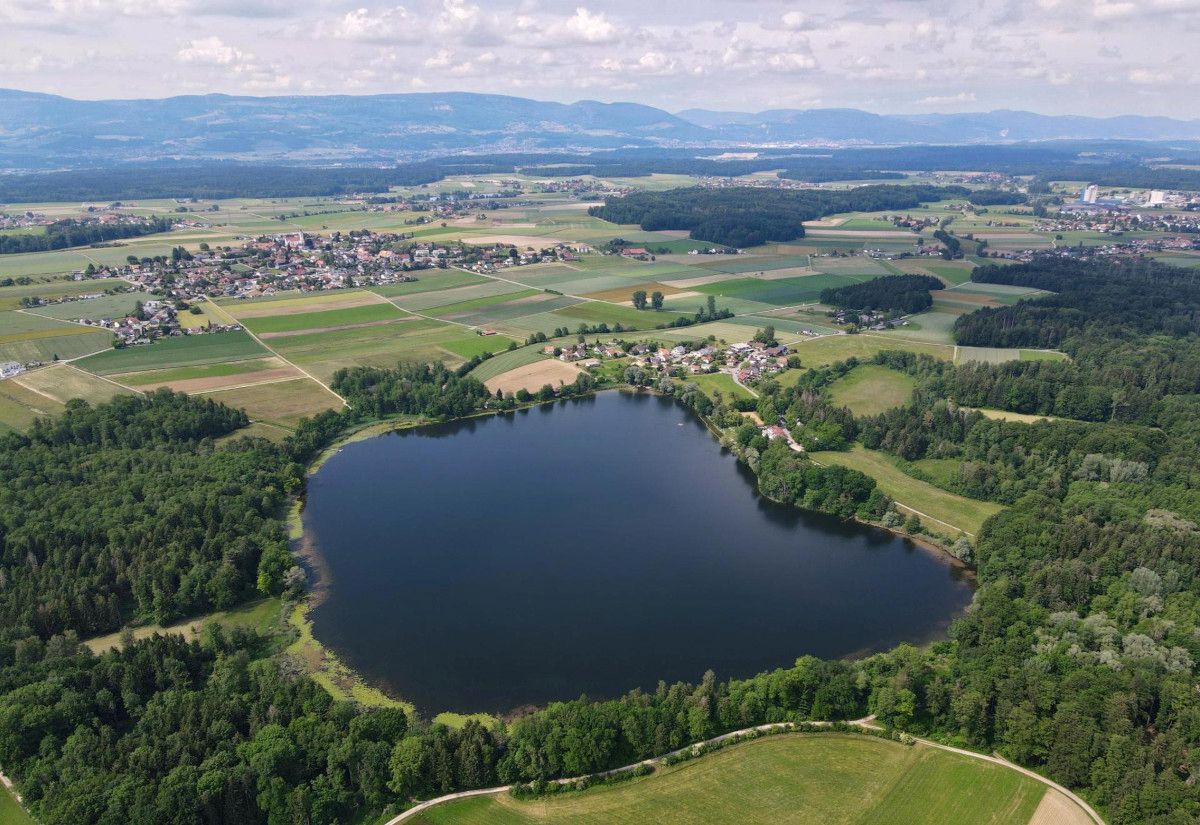 Ein See mit dunkler Wasseroberfläche liegt von Wald umgeben inmitten einer offenen, landwirtschaftlich genutzten Landschaft. Felder und Wiesen mit unterschiedlichen Grüntönen erstrecken sich bis zu mehreren Dörfern am Rand des Bildes. Im Hintergrund sind sanfte Hügel und eine ausgedehnte Waldfläche zu erkennen. Der Himmel ist von lockeren Wolken bedeckt.