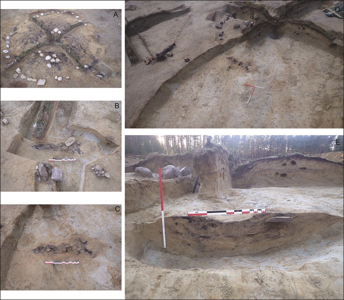 Fotos der verschiedenen Phasen der Ausgrabung auf dem Gräberfeld von Svingerud in Norwegen