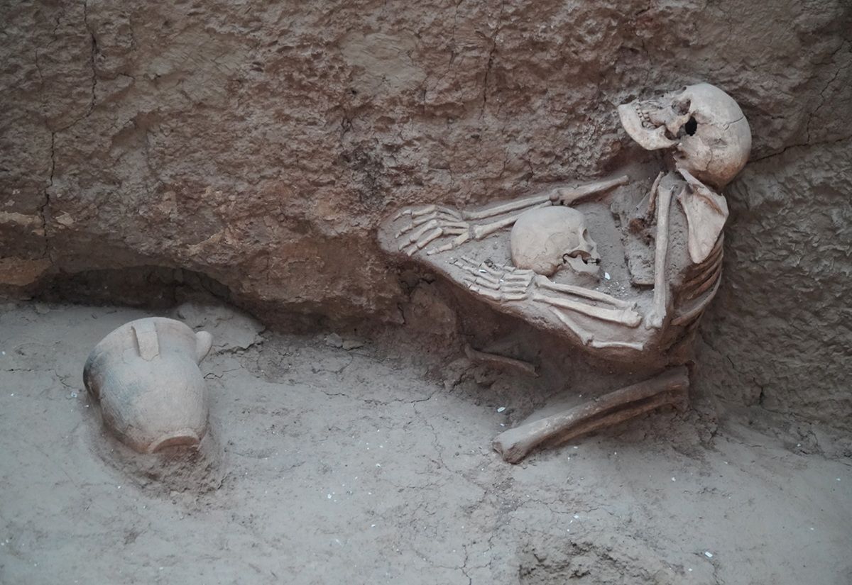 Skelett eines sitzenden Menschen in einer Ausgrabungsstätte neben einem großen Tongefäß
