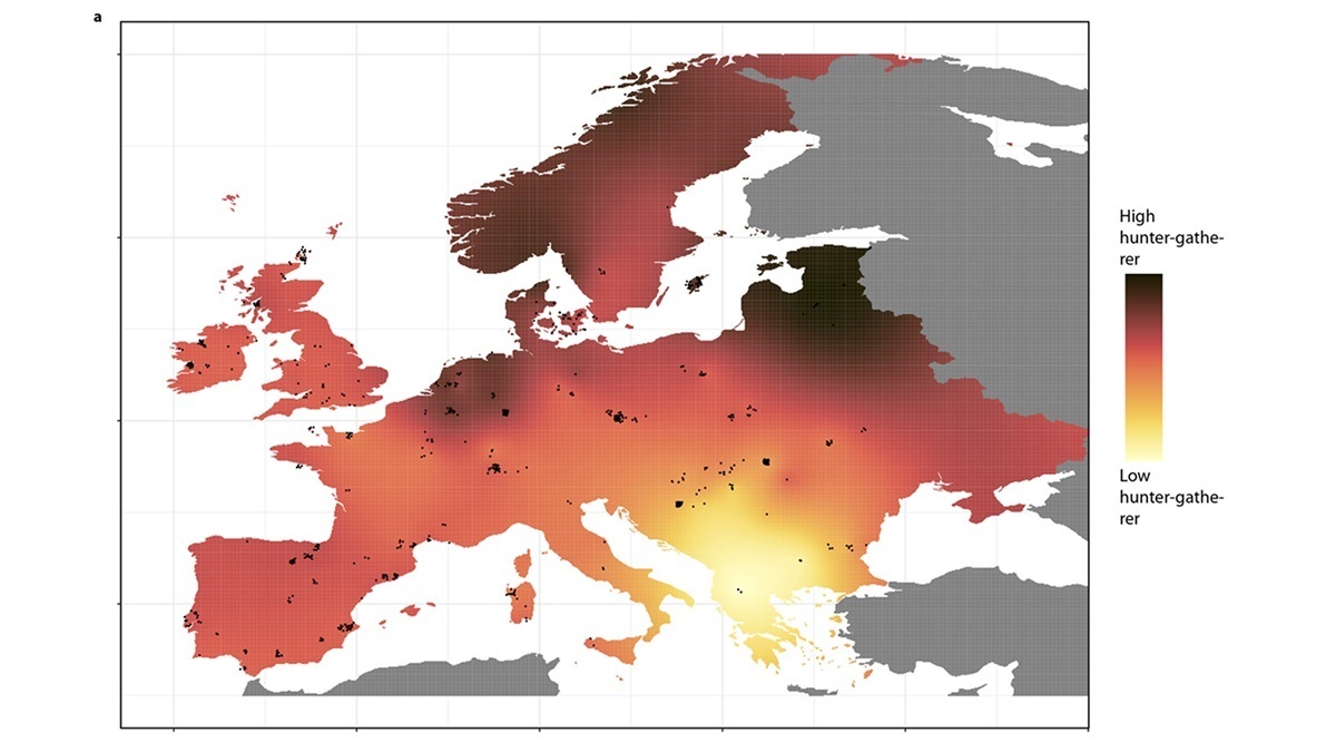 Karte von Europa mit Farbverlauf von Rot bis Gelb zur Darstellung hoher und niedriger Jäger-Sammler-Dichte