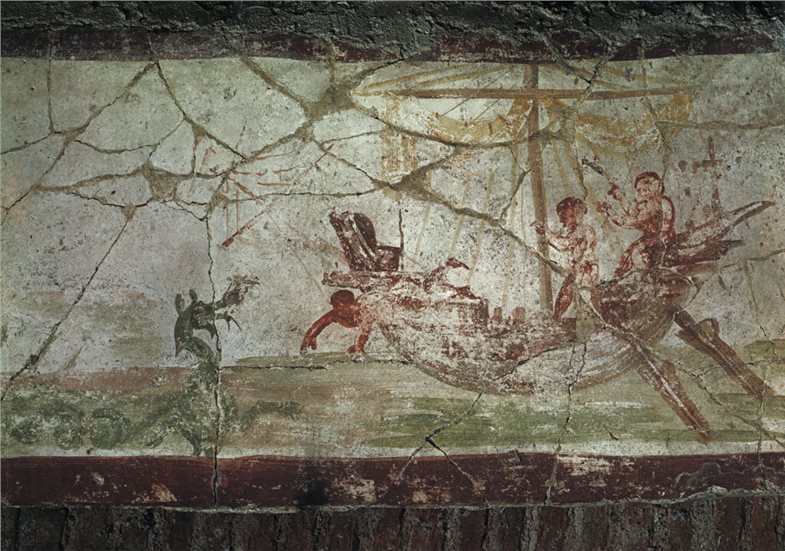 Jona wird ins Meer geworfen, Wandmalerei aus dem 3. Jh. in den Calixtus-Katakomben, Rom.