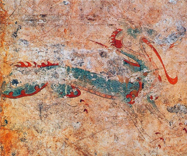 Wandmalerei aus dem Takamatsuzuka Kofun. Deutlich ist die Orientierung an der chinesischen Kultur anhand der Kleidung und der dargestellten Wesen zu sehen.