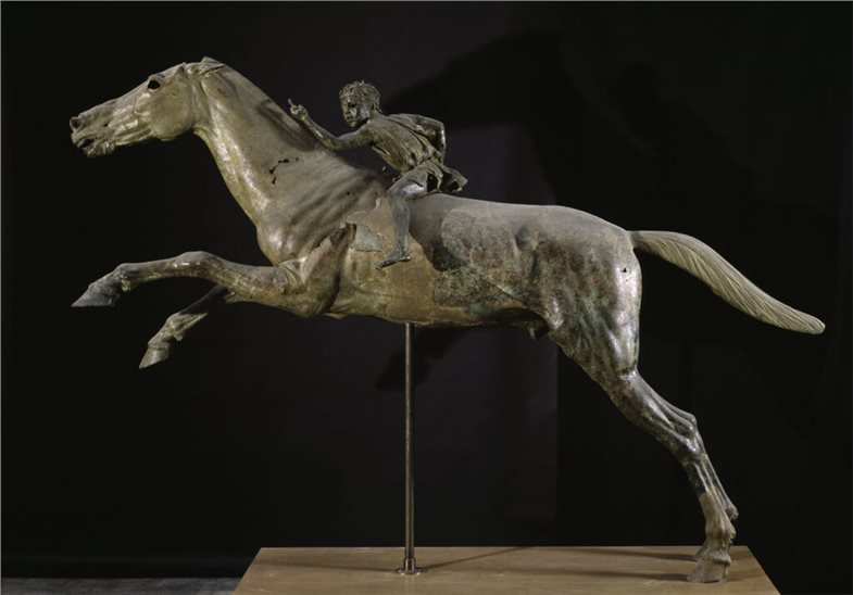 Pferde und Reiterknabe aus Bronze