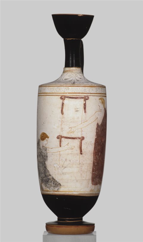 Sichtbares Zeichen der Trauer sind kurzgeschorene Haare und die Klage der Frau. Weißgrundige Lekythos des Sabouroff-Malers, 450/440 v. Chr.