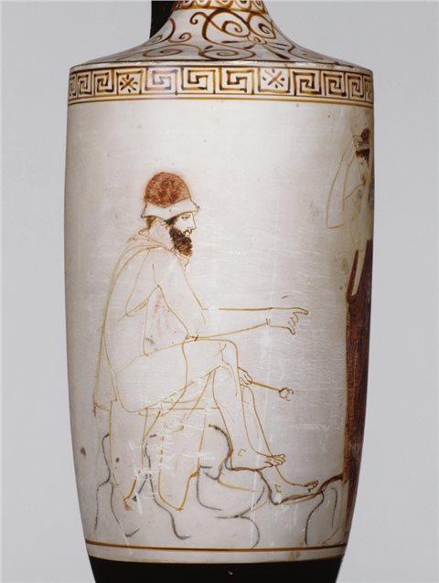 Wenig bedrohlich, eher verklärend wirkt dieser Aufbruch ins Jenseits. Weißgrundige Lekythos des Phiale-Malers, 440/430 v. Chr.