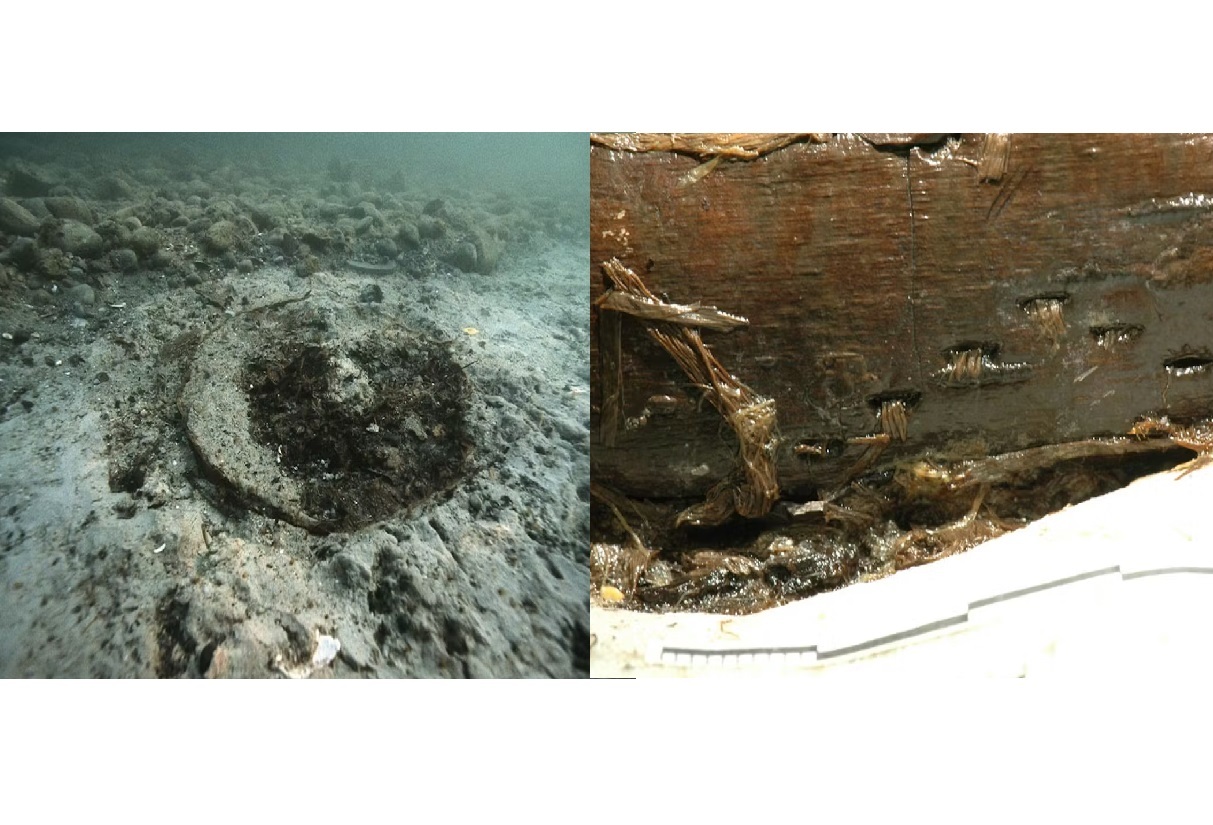 Links: Rindengefäß bei seiner Entdeckung 2006 in der neolithischen Seeufersiedlung Sutz-Lattrigen, Neue Station. Rechts: Detail des Rindengefäßes nach der Freilegung mit Nahtlöchern und Überresten des Nahtmaterials. Die treppenartige Anordnung der Nahtlöcher verhindert ein Ausreißen beim Nähen. Anhand der Nahtlöcher können der Ablauf der Herstellung und der Nahttyp rekonstruiert werden.