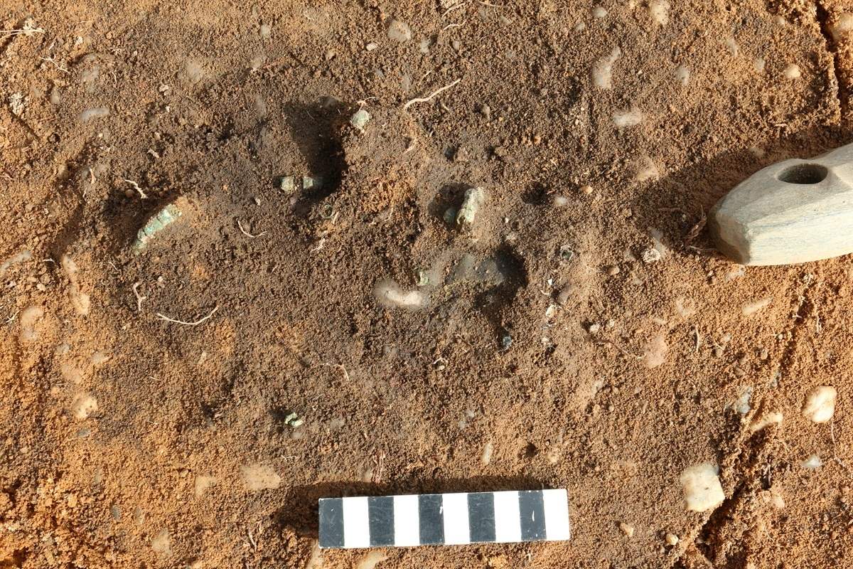 Braun-gelber Erdboden mit mehreren kleinen, unregelmäßigen Vertiefungen und Steinen. Am unteren Bildrand liegt eine schwarz-weiß gestreifte Messlatte. Rechts ist ein graues, längliches Werkzeug mit einer Öffnung zu sehen.