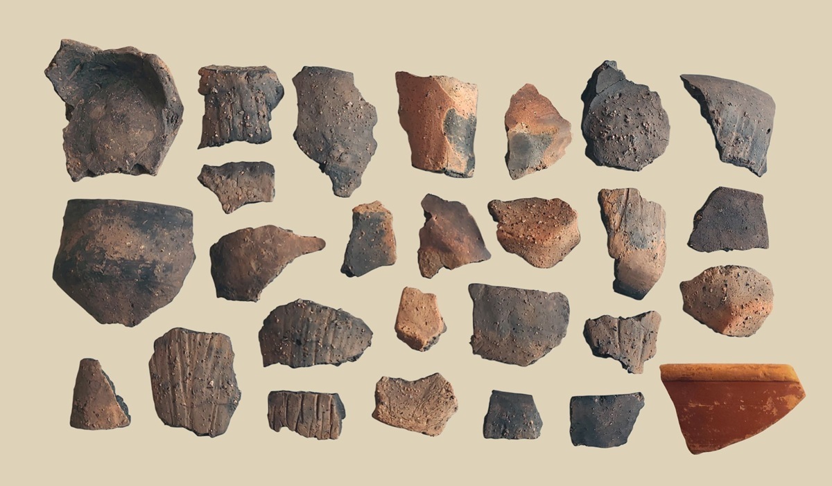 Mehrere Tonscherben unterschiedlicher Größe und Form liegen auf hellem Hintergrund. Die Oberflächen zeigen verschiedene Muster, darunter Rillen und Einkerbungen. Die Farbpalette reicht von dunklen bis zu hellen Brauntönen, eine Scherbe ist auffällig orange. Die Kanten sind unregelmäßig und teils abgebrochen.