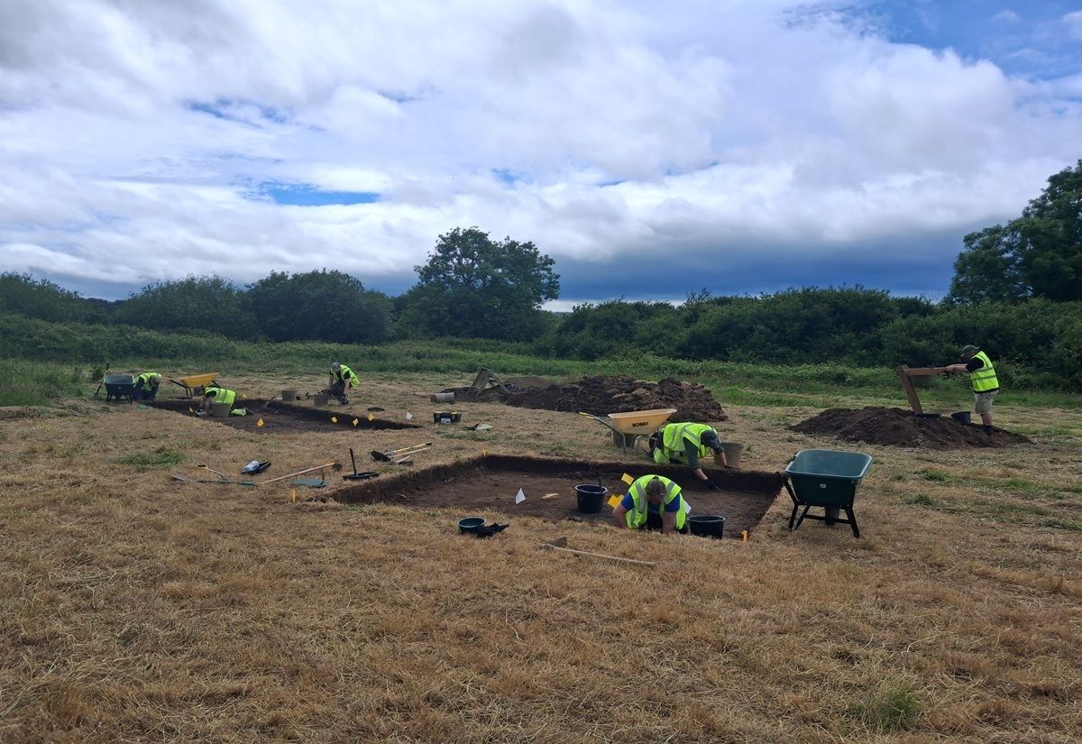 Archäologen in Warnwesten graben in rechteckigen Ausgrabungsflächen auf einem Feld mit Bäumen im Hintergrund