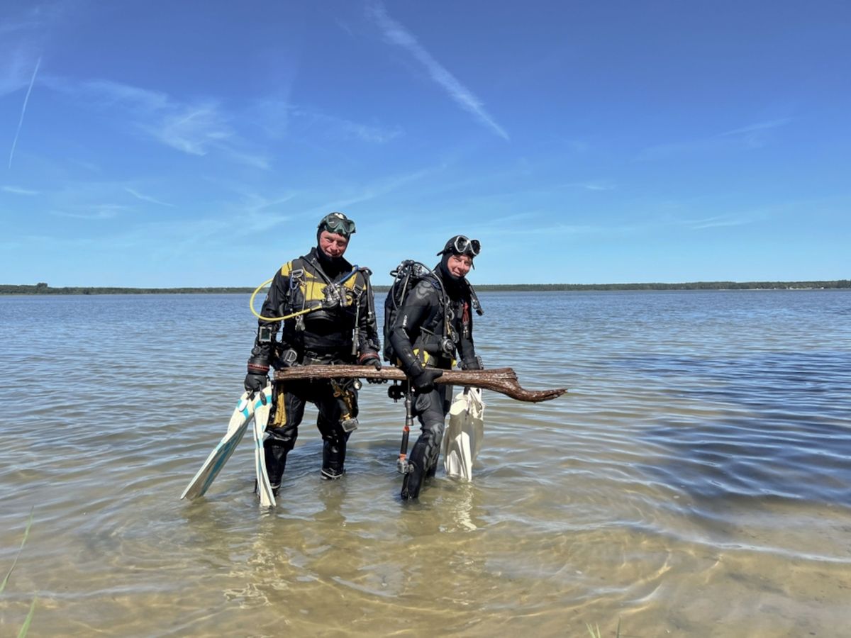 Zwei Taucher in kompletter Tauchausrüstung stehen im flachen Wasser des Arendsees. Beide halten gemeinsam ein langes, dunkles Holzstück, das an einem Ende gebogen ist. Der Himmel ist klar und blau, das Wasser ruhig und leicht wellig. Im Hintergrund ist das gegenüberliegende Ufer mit einer flachen Baumlinie zu sehen.