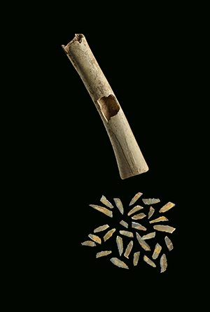 Der Oberarmknochen eines Kranichs diente als Behälter für Mikrolithen und Lamellen aus Feuerstein, die sehr wahrscheinlich über eine längsseitig angelegte Öffnung eingebracht worden sind.