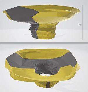 3D-Rekonstruktion der Grabgrube bis 20 cm über der Sohle. Im unteren schachtartigen Bereich fanden sich Reste eines rechteckigen Einbaus (s. Abb. links) mit Abdrücken von Hölzern: wohl eine flechtwerkartige, mit Lehm ausgekleidete Konstruktion. Grau: ergänzter Leitungsgraben, Gelb: dokumentierte Teile.