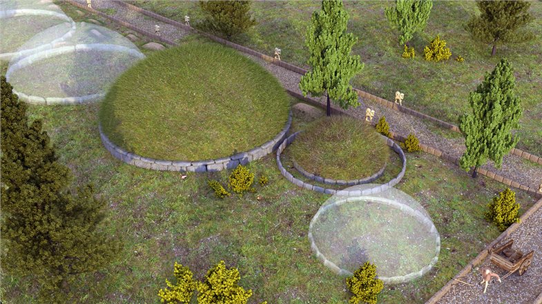 Digitale Rekonstruktioneiniger Grabhügel aufgrund der Grabungsdokumentationen von 1927 bis 1931 und 199 bis 1991.