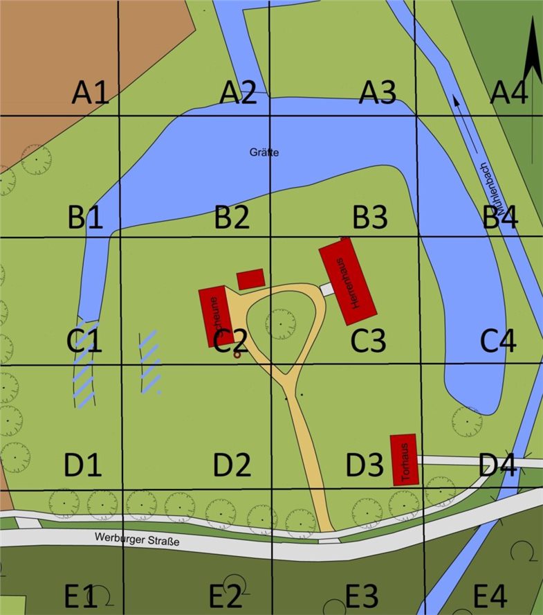 Zur räumlichen Orientierung werden die Nutzerinnen und Nutzer zu Beginn der Rallye gefragt, wo sie sich auf dem Rasterfeld gerade befinden.