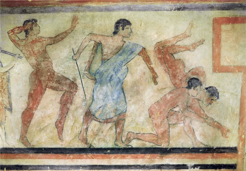 Ausschnitt einer Wandmalerei auf Tuff im Grab des Casuccini-Hügels mit Darstellungen von Athleten und einem Schiedsrichter. 