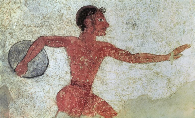 Ausschnitt aus der rechten Längswand des Grabes der Olympiaden. Gefunden 1961 bei der Monterozzi-Nekropole, Tarquinia (Latium, Italien).