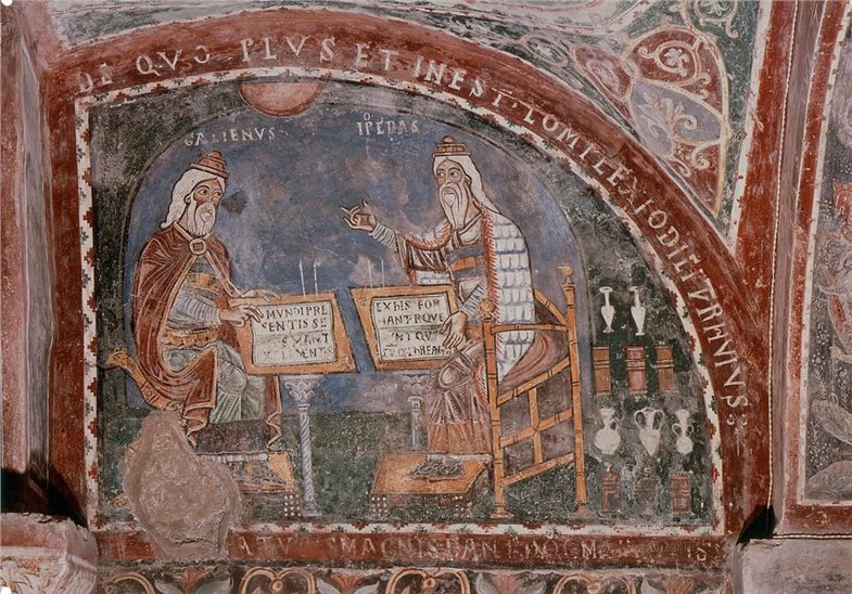 Die beiden antiken Ärzte Claudius Galenus von Pergamon, 129 n. Chr. – 199 n. Chr., und Hippokrates von Kos, 460 v. Chr. – 375 v. Chr., auf einem Fresko aus dem 13. Jahrhundert im Dom von Anagni in Latium, Italien.