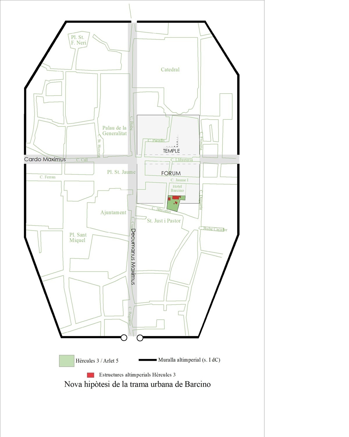Schwarz-weiße Linienzeichnung eines Stadtplans mit hervorgehobenen Bereichen in Grün und Rot. Die Karte zeigt Straßen und Gebäudeumrisse, darunter das Forum, einen Tempel und weitere markierte Orte. Zwei breite Linien verlaufen vertikal durch die Karte und teilen das Gebiet. Unten steht ein Text in spanischer Sprache.