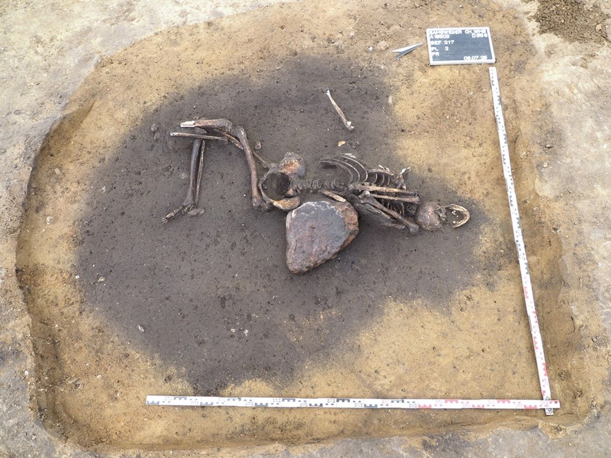 Skelettfund in situ. Beine in Hockerstellung angewinkelt auf Hüfthöhe liegt ein Stein