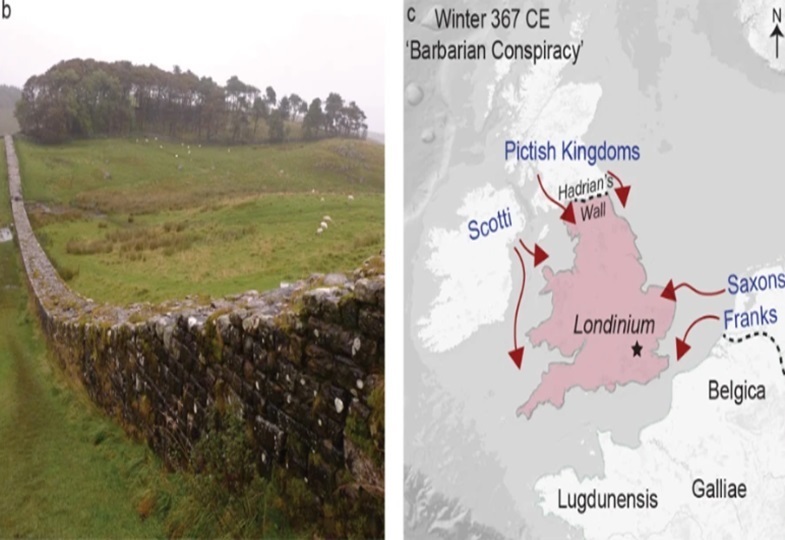 ( b ) Der Hadrianswall, einer der Orte, an denen wahrscheinlich große Einfälle stattfanden, nachdem die Garnison rebelliert hatte und Invasoren durchgelassen wurden. ( c ) Die weitreichenden Stammesbewegungen, die Ammianus im Winter 367 n. Chr. beschrieb. 