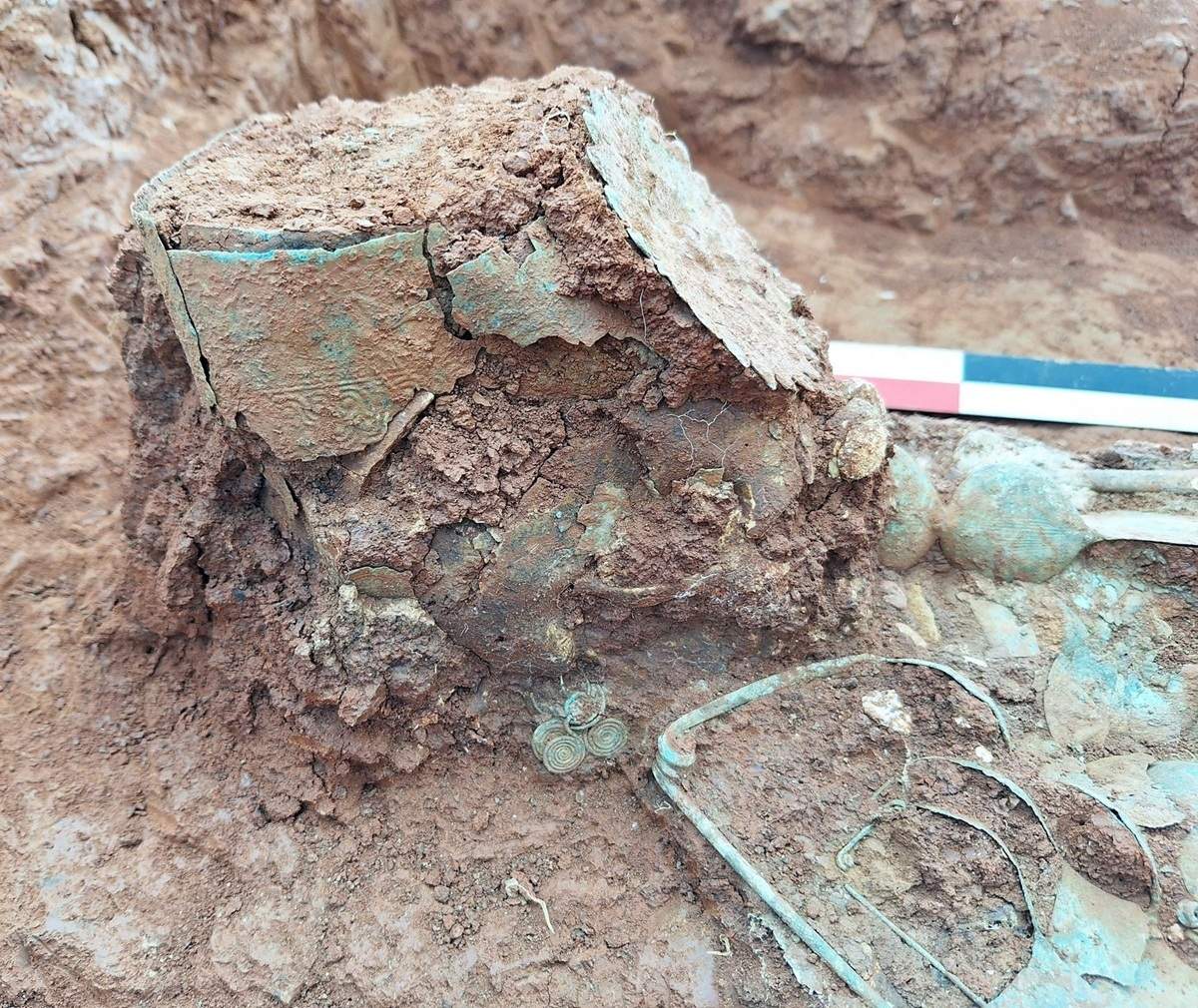 Detailaufnahme der Fundstücke, grünlich korrodierte Metallteile, darunter das umgekehrte Diadem, ein spiralförmiger Ohrring, eine Gewandschließe, im Schädelbereich der Bestattung mit Maßstab im Hintergrund. 