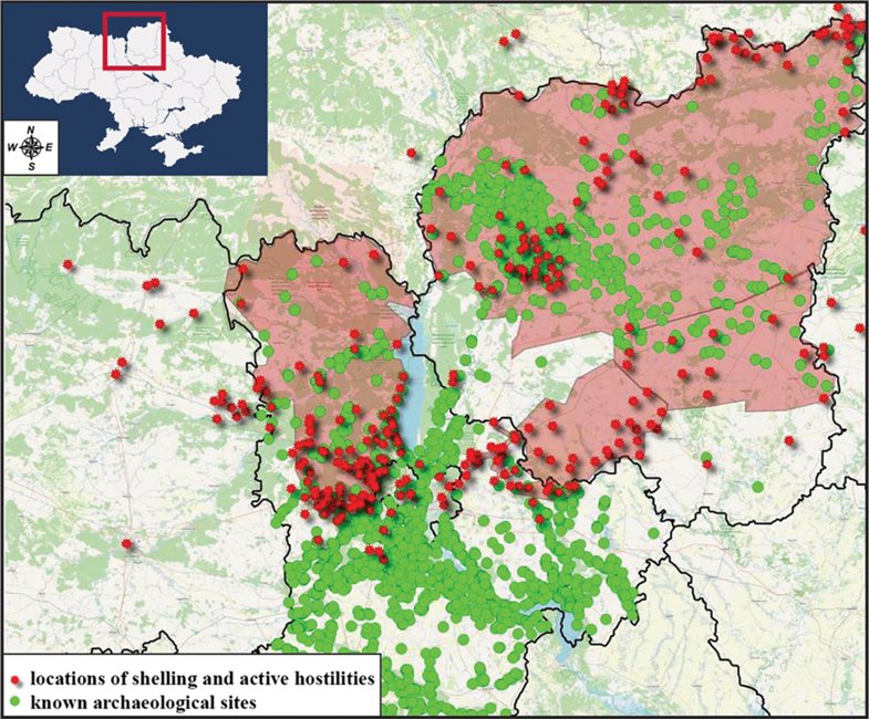 Verteilung der Kulturerbestätten (grüne Punkte) und Orte militärischer Aktionen (rote Punkte) in den Regionen Kyjiw und Tschernihiw, Ukraine. Die transparenten roten Bereiche zeigen Gebiete, die im Februar und März 2022 von der russischen Armee besetzt waren.