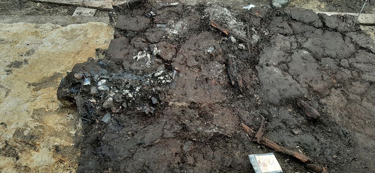 Boden mit archäologischen Ausgrabungen und freigelegten Erdschichten im Moor