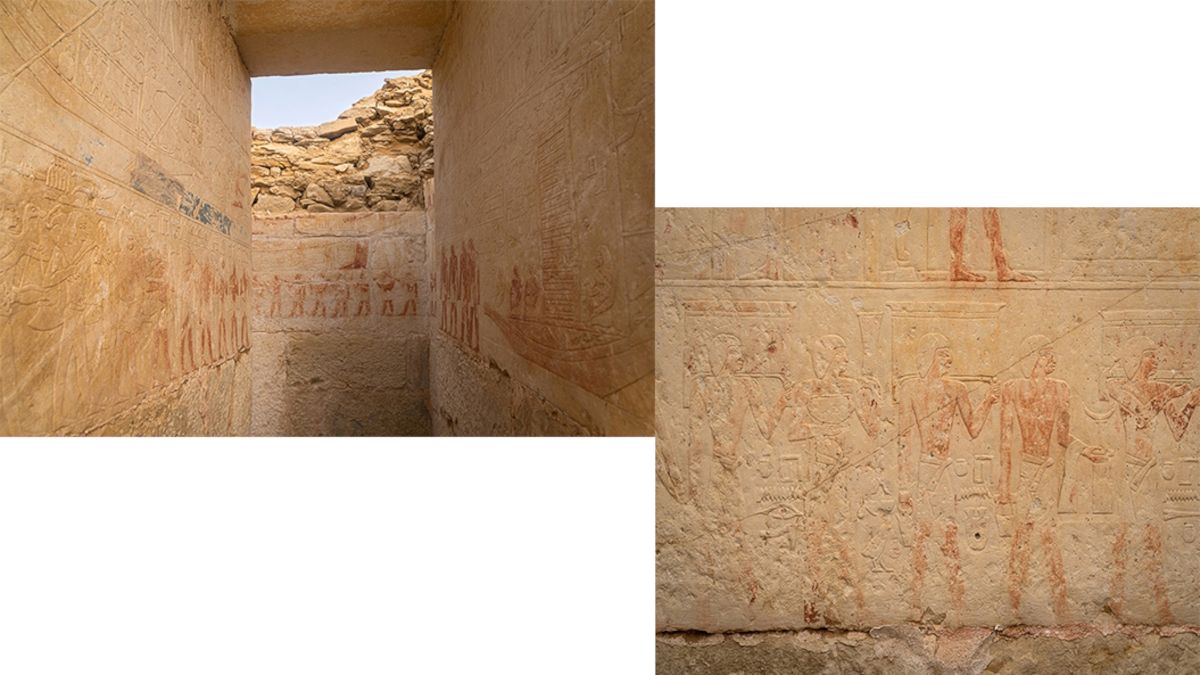 Innenansicht eines altägyptischen Grabes mit farbigen Reliefs an den Wänden und offenem Himmel über dem Eingang