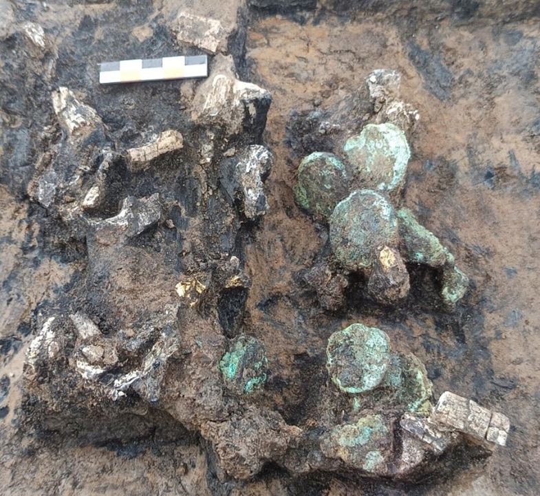 Archäologische Ausgrabung mit mehreren stark korrodierten Metallfragmenten und einem Maßstab auf Erde.