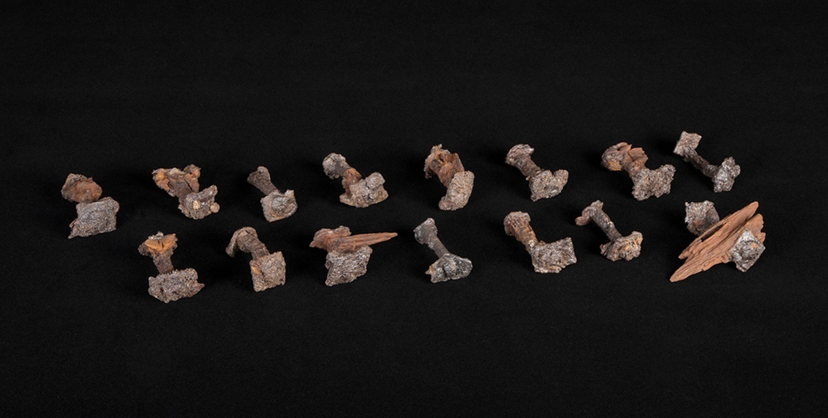 Mehrere stark korrodierte Metallfragmente und Holzreste liegen auf schwarzem Untergrund in einer Reihe. Die Objekte unterscheiden sich in Form und Größe