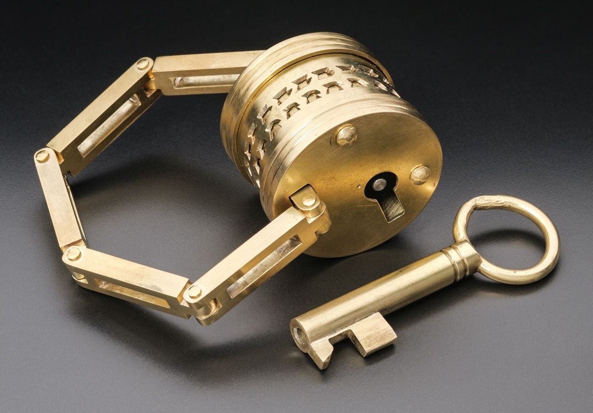 Die im Maßstab 4:1 gefertigte Rekonstruktion des Schlosses aus Petershagen mit Kette im geschlossenen Zustand (Rekonstruktion: LWL /Eugen Müsch).