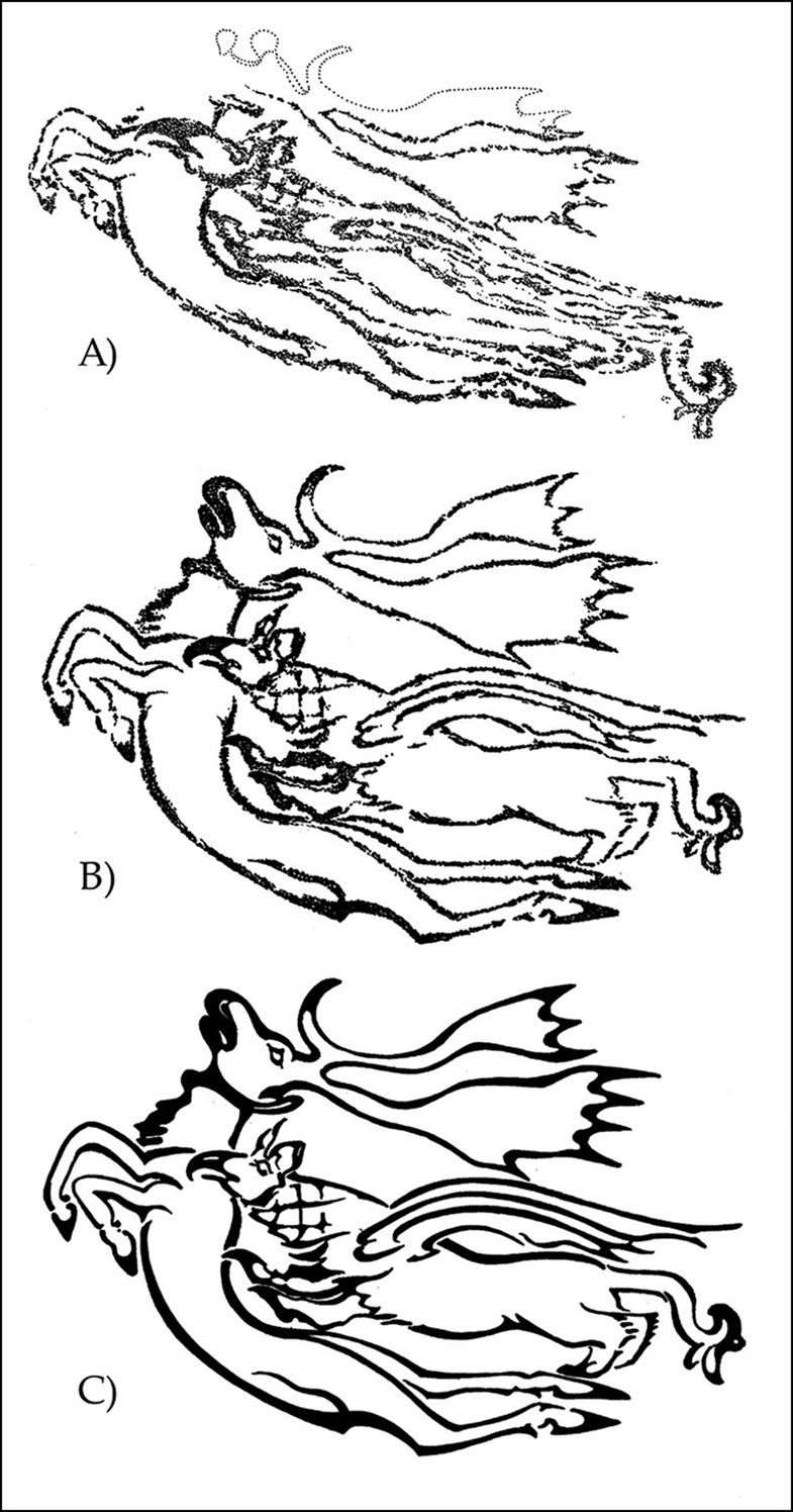 Die Illustration des Tattoos zeigt einen nach hinten gebeugten Hirsch, der im Rücken von einem Fabelwesen angegriffen wird.
