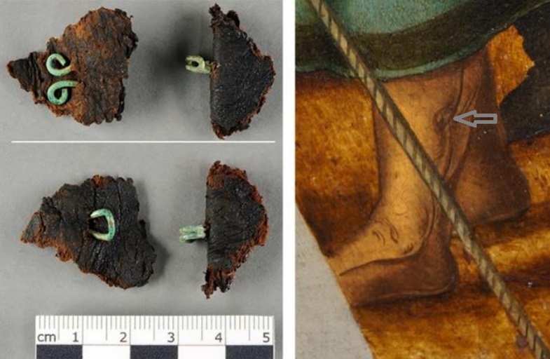 Links: Archäologischer Fund, Haken und Ösen eines Stiefelverschlusses. Foto: BLfD Rechts: Stiefel auf dem Gemälde „Heerlager Karls V. bei Lauingen“ von Matthias Gerung. Foto: Hermann Müller, Stadtarchiv Lauingen (Donau)