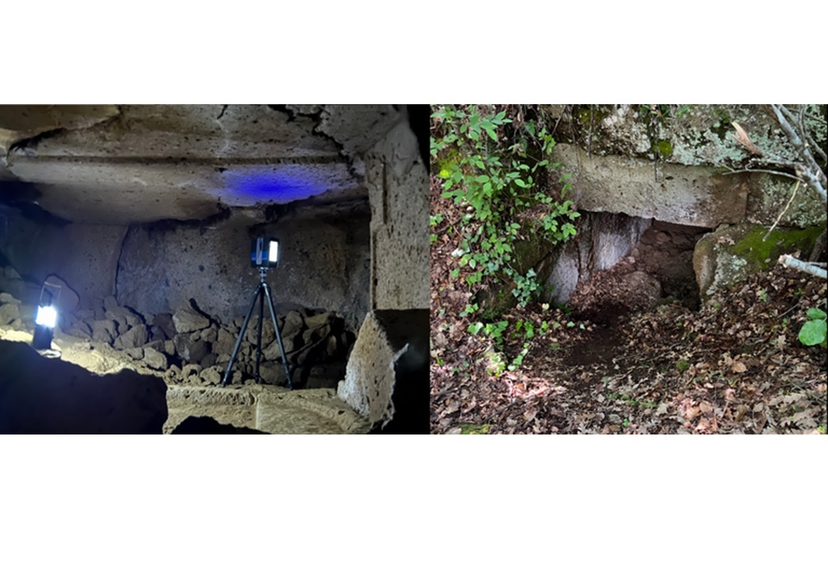Links: Aufnahme eines Innenraums einer Grabkammer, in der ein Vermessungsgerät steht. Recht: Foto eines Kammereingangs im Wald