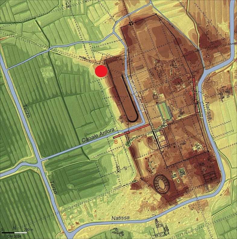 Die Lage der neu entdeckten Kirche im Stadtplan von Aquileia