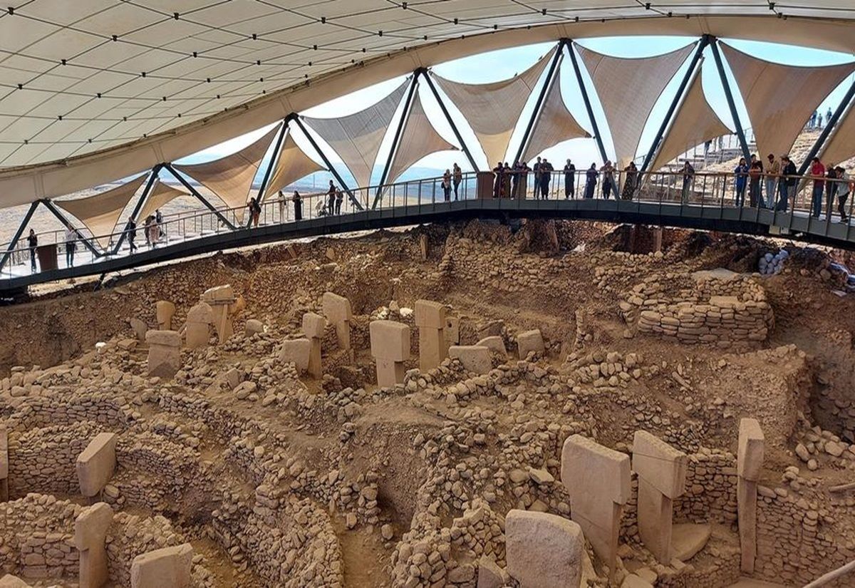 Große t-förmige Steinsäulen in kreisrunden Steinstruckturen unterschiedlicher Größe unter einer modernen Überdachung. Besucher stehen auf einem Steg und beobachten die Ausgrabungen in Göbekli Tepe.
