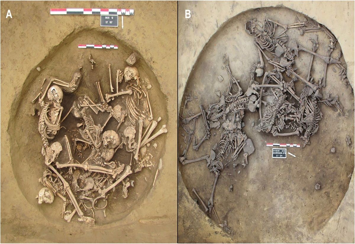 Zwei archäologische Fundstellen mit mehreren menschlichen Skeletten in ovalen Gruben, angeordnet in verschiedenen Positionen, mit Maßstäben zur Größenbestimmung