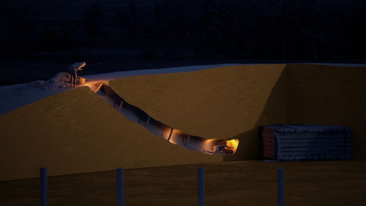 Querschnitt eines Grabhügels mit einem langen, gewundenen Tunnel, der von einer Person mit einer Lampe durchquert wird. Am Anfang des Tunnels steht eine Person, zu ihren Füßen ein Korb. Am Ende des Tunnels befindet sich eine rechteckige Holzkammer. Die Szene ist dunkel gehalten, nur der Tunnel und die Kammer sind beleuchtet.