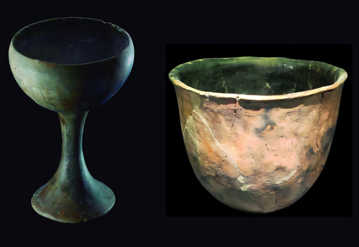 Ein Keramikkelch, symbolisch für die Expansionsphase von El Argar (links). und Keramik aus den Randgemeinden von El Argar, gefunden im Cerro de la Campana (Yecla).