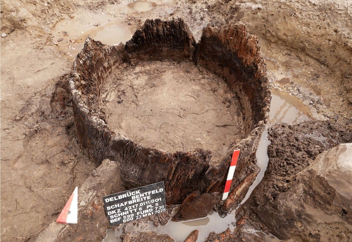 Schrägansicht der aus drei Baumstammsegmenten zusammengesetzten Brunnenröhre.