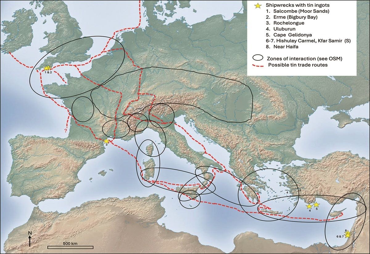 Mögliche Handelsrouten von Südwest-Britannien zum östlichen Mittelmeer durch archäologisch definierte Gebiete mit intensiver Interaktion um 1300 v. Chr.