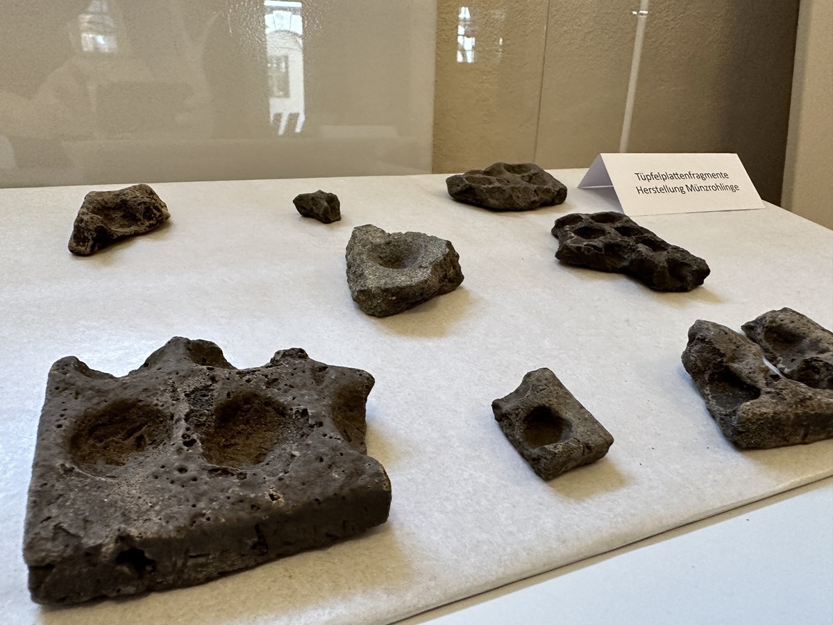 Vitrine, in der mehrere fragmentarische Exemplare von Tüpfelplatten ausgestellt sind