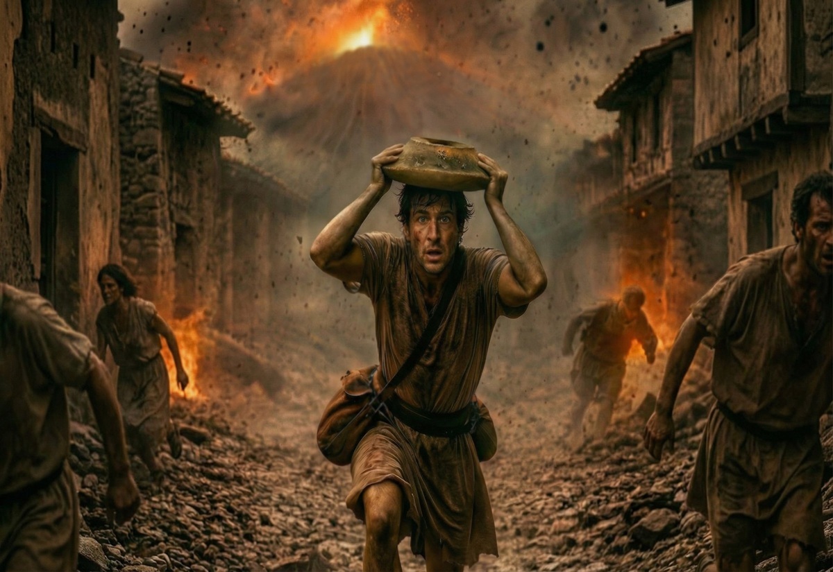 Eine Person läuft auf einer von Trümmern übersäten Straße zwischen alten Steingebäuden. Im Hintergrund ist ein ausbrechender Vulkan mit einer großen Aschewolke und glühender Lava zu sehen. Die Person hält einen Gegenstand schützend über den Kopf. Weitere Menschen rennen in Panik in verschiedene Richtungen. Die Szene ist von Rauch, Staub und Flammen geprägt.
