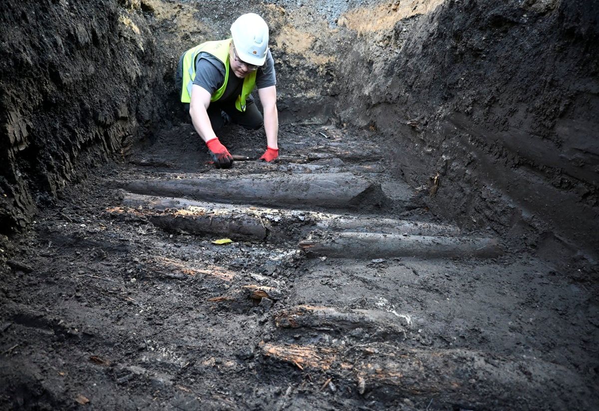 Archäologe mit Schutzhelm und Warnweste untersucht mittelalterlichen Bohlenweg aus Holz in Erdgrube.