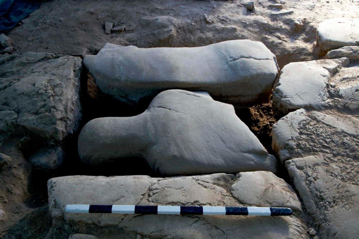 Im Zentrum liegt eine große, nahezu unversehrte Marmorstatue, die aus zwei nebeneinander platzierten Teilen besteht. Die Oberfläche ist glatt und hellgrau, mit deutlichen Konturen und abgerundeten Formen. Die Statue ist von grob behauenen Steinplatten umgeben, die in den Boden eingelassen sind. Im Vordergrund befindet sich eine Maßstabsleiste mit abwechselnd dunklen und hellen Segmenten.