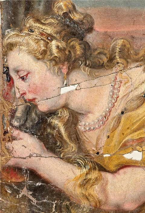 Maria Magdalena: Fragment der „Kreuzigung Christi“, bez.: Anton Willemßens invent Ao. 1656, vom zerstörten Seitenaltar des Paderborner Doms